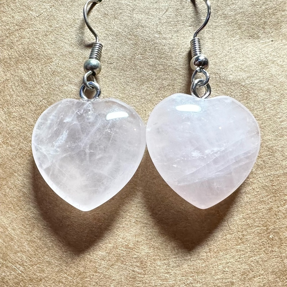 Rose Quartz Heart Earrings. Beautiful hearts on stainless steel fish hooks